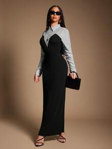 Radiana 大码女式优雅独特黑白条纹二合一衬衫裙，适合办公室/工作场合、商务休闲、通勤、约会、聚会、休闲外出、秋冬季穿着。 - 彩色 - 查看 6