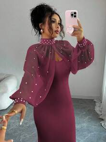 Elenzga New Elegant Mature Charm Evening Gown, Formal Dress, Dignified & Gentle, Dreamy Pink, Hand-Beaded Long Sleeve Top, Graceful Mermaid Hem Bodycon Slip Dress Set