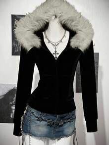 SHEIN ICON 女式休闲复古修身毛领连帽常规外套，带骷髅翅膀图案，适合秋冬，复古复古，Y2K，十字图案印花，街头服饰，复古，复古，垃圾摇滚，朋克， - 黑色 - 查看 4