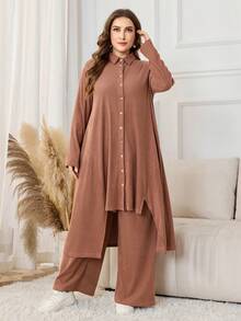 Lacomfia 2 Stücke/Set minimalistisches einfarbiges geripptes Maxi-Hemd mit Langarm und Hose mit elastischem Bund und weitem Bein, Große Größen, Frühling/Herbst