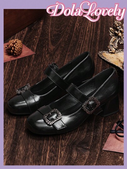 Dola Lovely Nuevos zapatos de tacón alto de punta redonda para mujer, con decoración de múltiples correas de bajo empeine, zapatos Mary Jane de tacón grueso en color negro