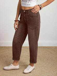 EMERY ROSE Quần jeans ống côn lưng thun co giãn giặt thường ngày cỡ lớn - Cà phê nâu - Xem 7