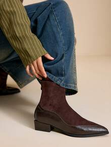 Daringsoles Women's Pointed Toe Slip-On Knee-High Boots, Black Smooth Leather Chunky Heel Mid-Calf Sexy Versatile Tall Boots - Coffee Brown - View 5