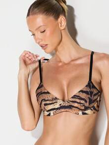 KIZN Tiger Print Lingerie Set With Push Up Bra And String Thong For Women - Multicolor - View 3