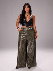 Rustia Party Fall Autumn And Winter Plus Size Retro Punk Style PU Wide Leg Pants - Brown - View 7