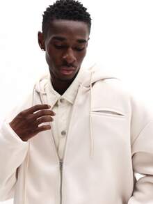 SUMWON 常规款男士全拉链连帽衫，带中央口袋，休闲街头风卫衣，适合秋冬季叠穿，纯色 - 杏色 - 查看 3