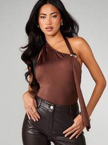 MISSGUIDED Asymmetric Halter Neck Bodysuit With Metal Ring Detail For Women Fall Winter Fashion - Coffee Brown - View 1