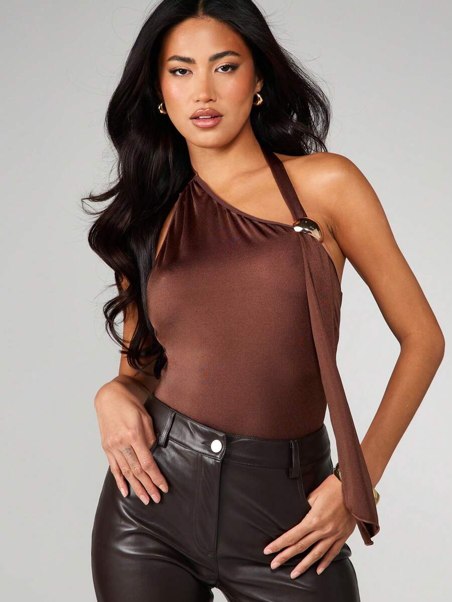 MISSGUIDED Asymmetric Halter Neck Bodysuit With Metal Ring Detail For Women Fall Winter Fashion - Coffee Brown - View 1