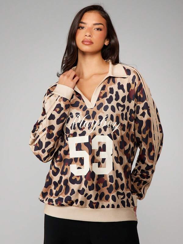 Missguided x Playboy Leopard Print Oversized Sweatshirt With Varsity Number 53 Graphic Long Sleeve Pullover Top