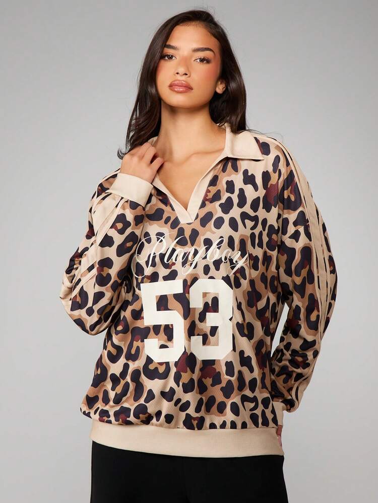 Missguided x Playboy Leopard Print Oversized Sweatshirt With Varsity Number 53 Graphic Long Sleeve Pullover Top