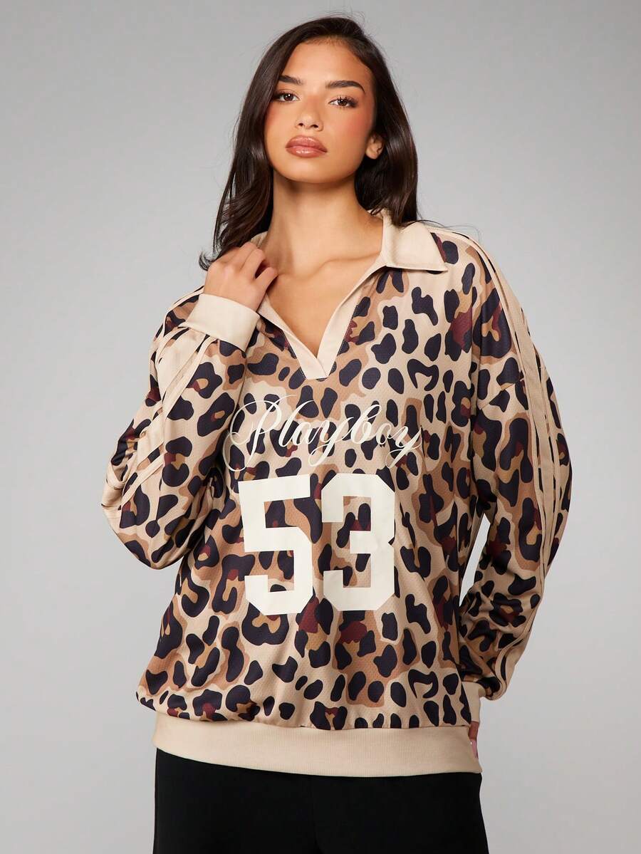 Missguided x Playboy Leopard Print Oversized Sweatshirt With Varsity Number 53 Graphic Long Sleeve Pullover Top - Multicolor - View 1