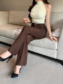 DAZY Quần ống loe trơn màu thanh lịch dành cho nữ, mùa thu - Cà phê nâu - Xem 9