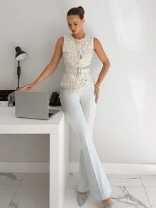 Siren Gaze 新款秋冬女装，圣诞新年必备，优雅女士西装外套（含腰带），优雅通勤亮片前扣西装背心，粗花呢西装背心，金色上衣，白色新年亮片派对上衣，夏季女装 - 杏色 - 查看 5