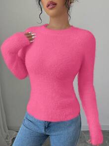 Rafferiza Solid Color Round Neck Raglan Sleeve Fitted Casual Knit Pullover Sweater - Hot Pink - View 6