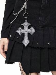 ROMWE Grunge Punk Gothic Visual Cross Embroidery Metal Chain Pendant A-Line Pleated Denim Skirt - Black - View 5