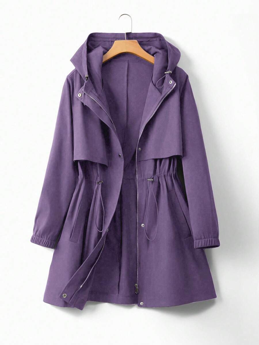EMERY ROSE 大码女式束腰连帽风衣外套，韩版休闲优雅宽松高端夏季外套 - 紫色 - 查看 1