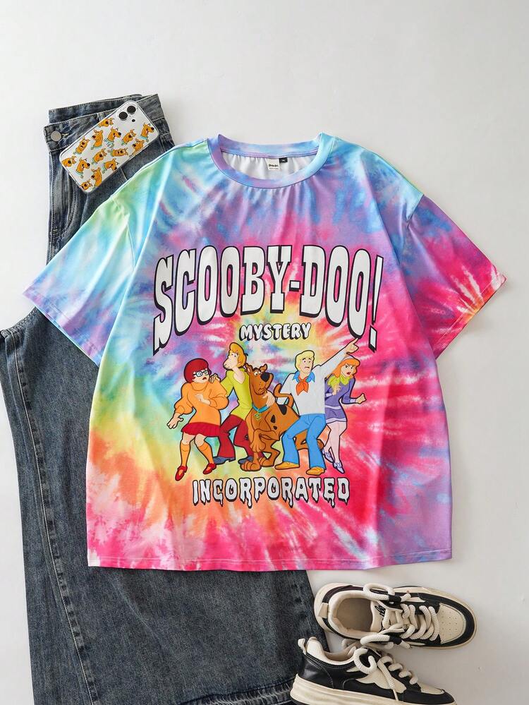 SCOOBY-DOO X SHEIN 大码扎染字母卡通图案短袖T恤，夏季休闲款 - 彩色 - 查看 1
