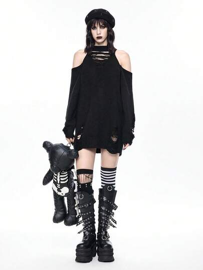 Goth Gothic Dark Style Open Shoulder Halter Neck Ripped Midi Dress, Edgy Distressed Design