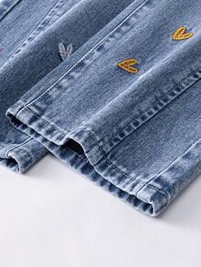 Jeans de pierna ancha de mezclilla desgastada y desteñida con panel frontal personalizado y lazo 3D, pantalones casuales versátiles, azul, estilo niñas de los 90s, K-pop de los 90s - Azul - Ver 7