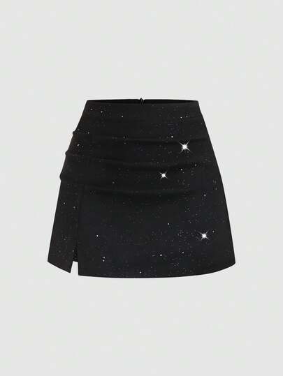 Sweetra Women's Sexy Asymmetrical Pleated Sequin Zipper Party Mini Skirt, Bodycon, Autumn/Winter