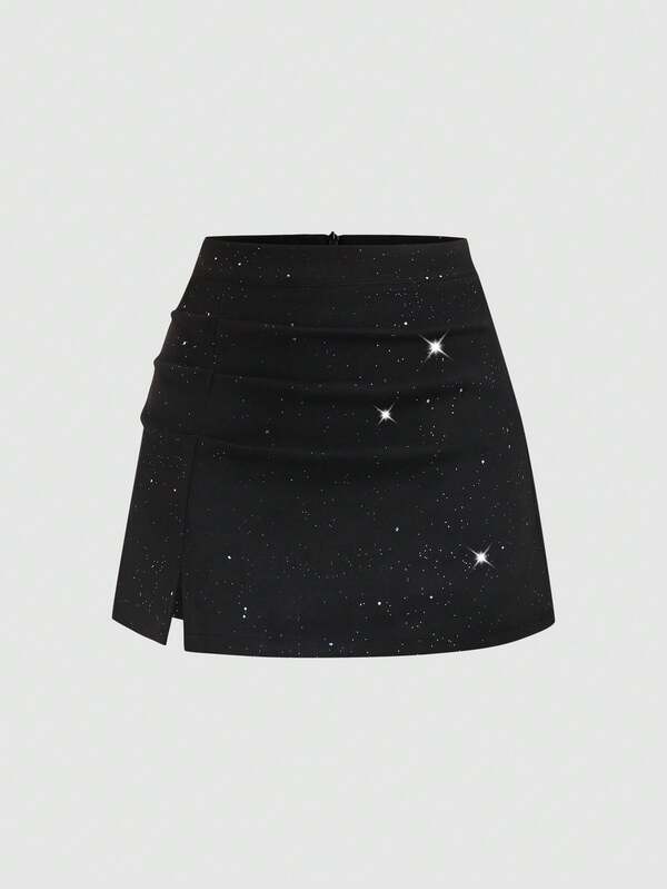 Sweetra Minifalda de fiesta con pliegues asimétricos y cremallera con lentejuelas, ajustada, para otoño/invierno