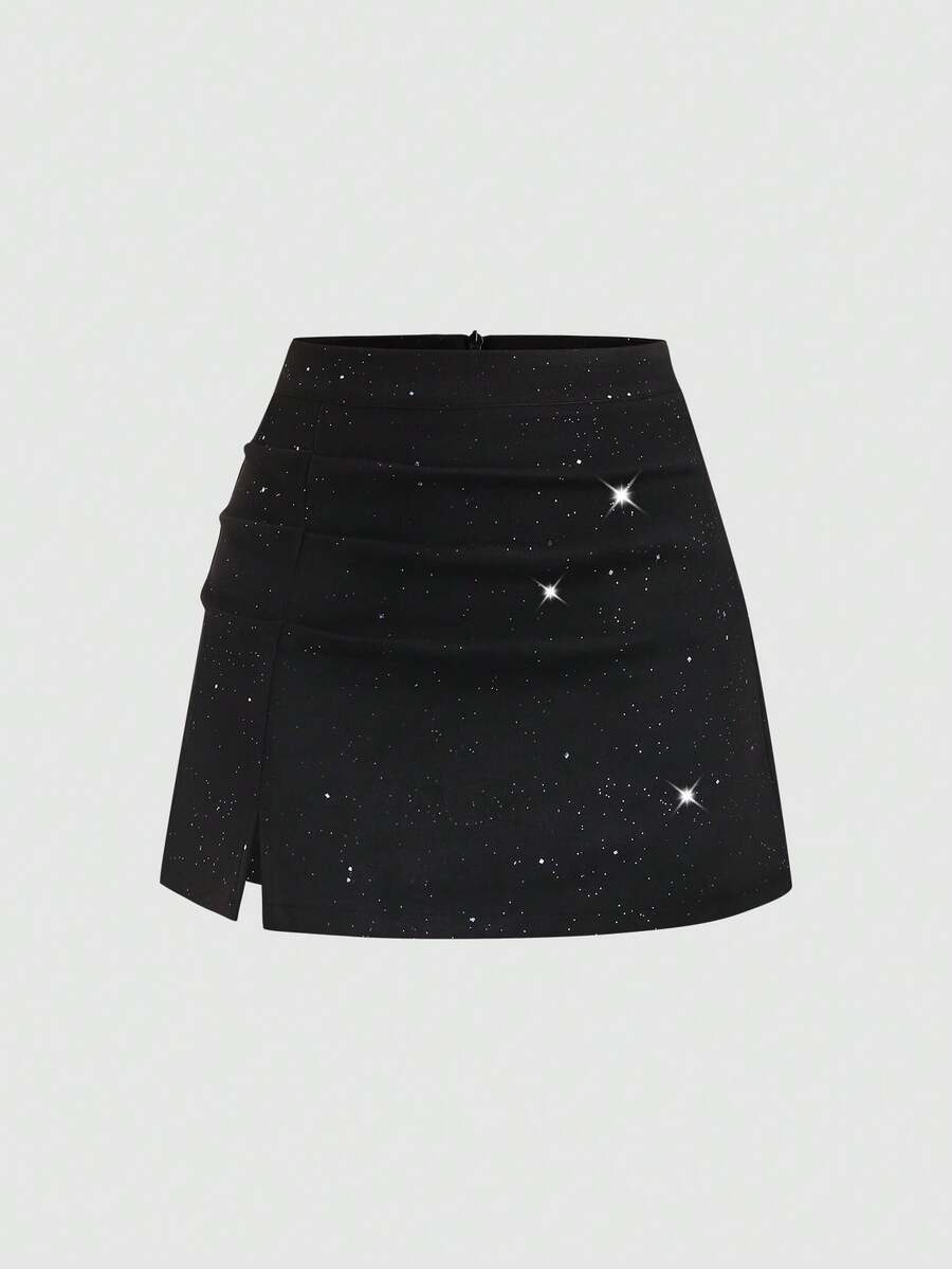 Sweetra 女士性感不对称褶皱亮片拉链派对迷你裙，紧身款，秋冬款 - 黑色 - 查看 1