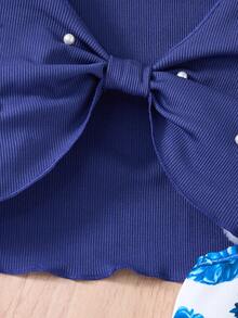 SHEIN 2 件套青少年女孩优雅盖袖串珠上衣和花卉印花连衣裙（配腰带），适合春夏季、假日、夏季、旅行 - 藍色 - 查看 5