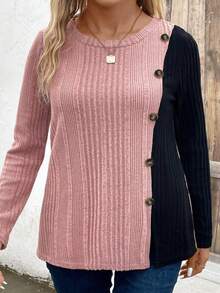 EMERY ROSE Nova camiseta feminina plus size casual com botões na gola diagonal e modelagem colorblock. - Multicolorido - Ver 3