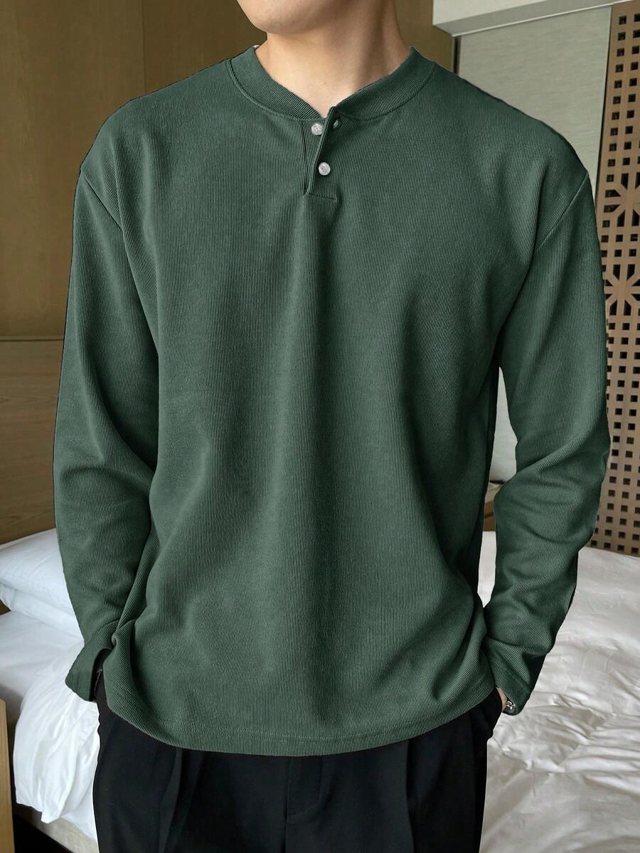 DAZY T-shirt vert unicolore à demi-zip pour hommes, automne - Vert - Voir 1