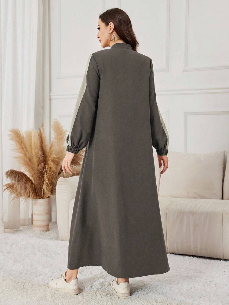 Yasmyna 咖啡棕色拉链休闲宽松棒球夹克款秋冬女式长袍 - 深灰色 - 查看 2