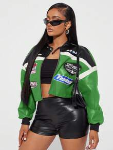 Radiana Women's Letter Print Color Block Short PU Leather Jacket, Motorcycle/Racing/Pilot Jacket, Versatile Outerwear For Autumn/Winter - Green - View 2