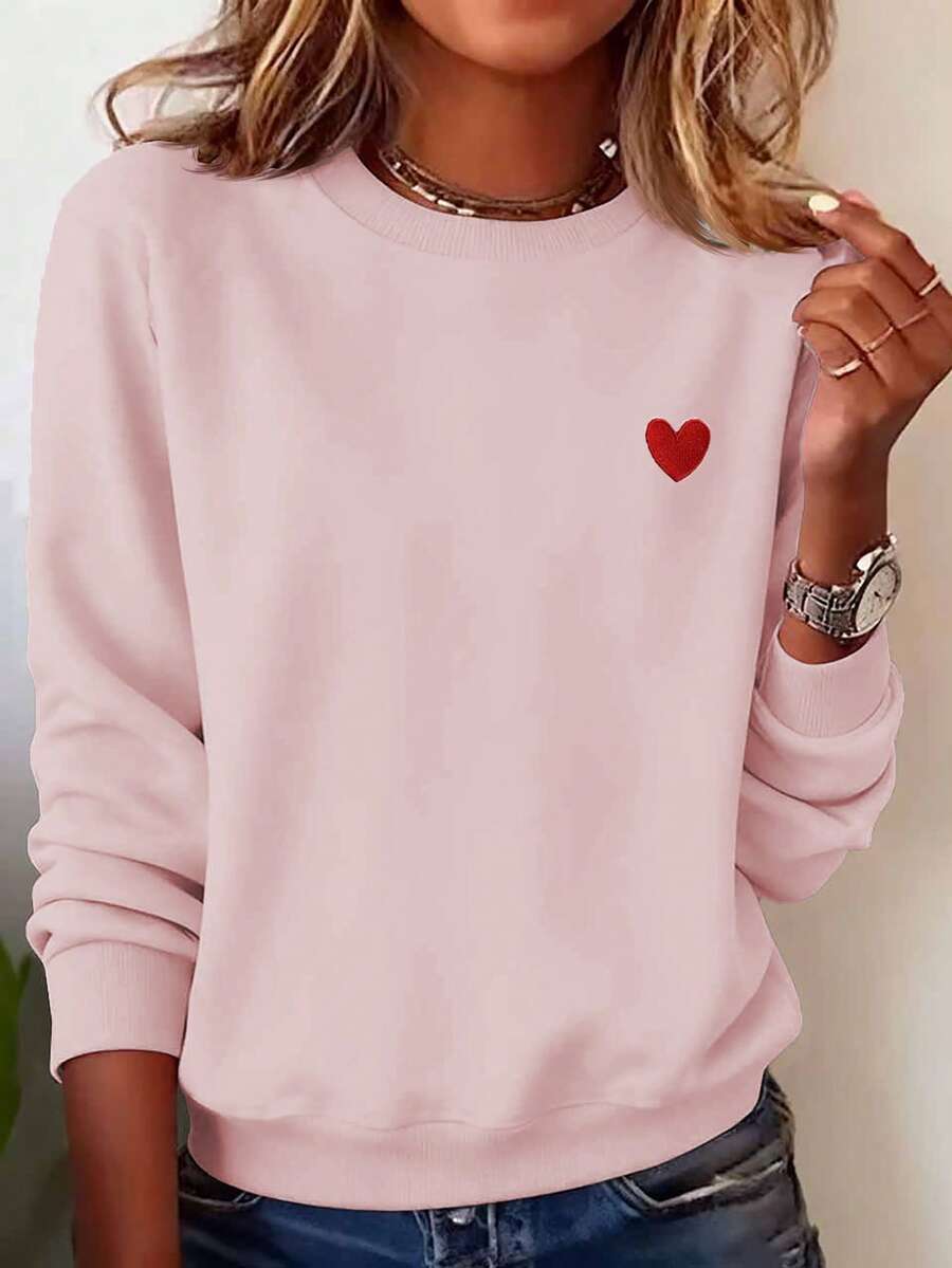 INAWLY New Autumn/Winter Fashion Casual Basic Round Neck Long Sleeve Light Pink & Red Heart Pattern Sweatshirt - Dusty Pink - View 1