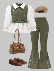 Elladie kids Girls' Spring/Autumn Casual Shirt Set, Green 3D Bow Design, Beaded Knit Ribbed Fabric, White Long Sleeve Ruffle Hem Shirt Top Paired With Khaki Pearl Flared Pants, 2pcs Outfit, Suitable For Back To School, Casual, Fashion, Sweet, Comfortable Outdoor Travel Set Outfit For Women Pants And Top Set Teen Girl Outfit Set Green Outfit Full Outfit Set - Army Green - View 3