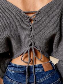 Lyxana Women's V-Neck Tie Front/Back Reversible Knit Top - Grey - View 8