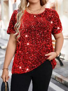 SHEIN Clasi Plus Size Round Neck Raglan Short Sleeve Shiny Fashion Shirt - Red - View 1