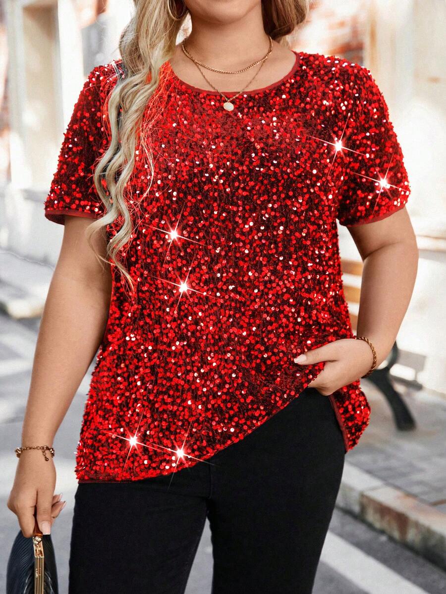 SHEIN Clasi Plus Size Round Neck Raglan Short Sleeve Shiny Fashion Shirt - Red - View 1