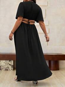 Roveilla Plus Deep V Neck Cut Out Waist Split Thigh Dress Maxi Women Outfit - Black - View 2