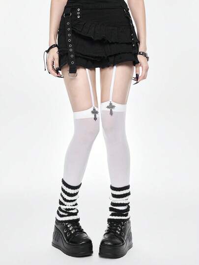 Grunge Punk 1 Ciondolo pendente bicolore + 1 Paio di calze a righe bianche e nere, Combinazione di collant bianchi tinta unita in stile Y2K, Calze elastiche e sottili, Set di combinazione alla moda