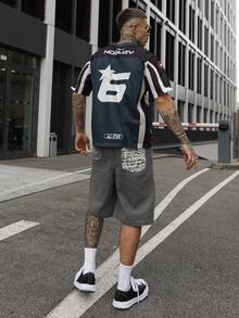 Artur Kramer 男士休闲牛仔5英寸刺绣印花短裤，夏季时尚 - 灰色 - 查看 3