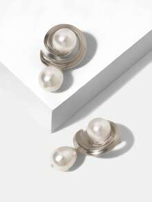 MOTF PREMIUM PENDIENTES DE PERLAS FALSAS SENCILLOS Y VERSÁTILES PARA MUJER, ESTILO CASUAL ELEGANTE - Plateado - Ver 8