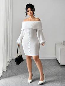 Elenzga Women's Elegant Off Shoulder Long Sleeve Loose Knit Sweater Dress, Suitable For Outings, Wedding Guests, Autumn/Winter