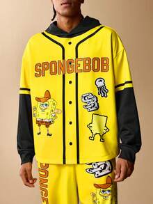 SpongeBob SquarePants | SHEIN Męski komplet z kapturem i spodniami w bloki kolorów i kreskówkowym wzorem - Czarne - Zobacz 3