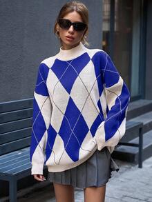 EURMUSE Women Mock Neck Diamond Pattern Drop Shoulder Pullover - Royal Blue - View 4