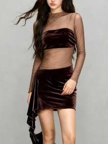 Rina Fox 女士性感网纱天鹅绒拼接长袖连衣裙 - 咖啡 - 查看 4