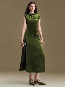 Ontre Women's Olive Green Velvet Fabric Comfortable Soft Off Shoulder Ruched Ruched Design Waist Slanted Split Flared Hem Patchwork All-Season Versatile Modern Urban Casual Business Office Dress, Low-Key Elegant High-Quality Airport Outfit, High-End Cruise Wear, Christmas New Year Party Dress New Year Look High-End, Elegant, Old-Fashioned Cruise Attire For Wedding Guests Christmas Evening Clothes New Year Atmosphere Holiday Party Women's Clothing Waist Detail Flared Dress
