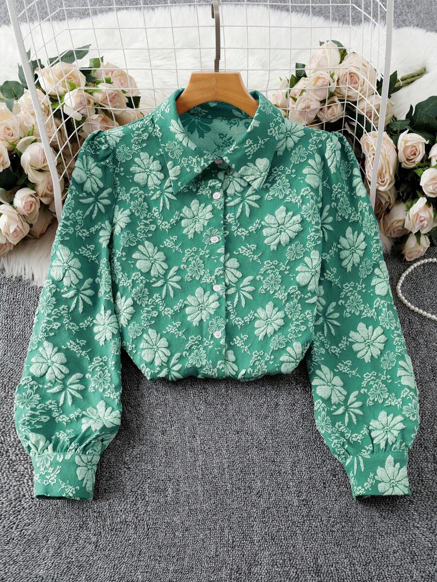 Chiquease 女士纯色提花面料翻领长袖休闲通勤时尚优雅复古衬衫 - 青碧色 - 查看 1