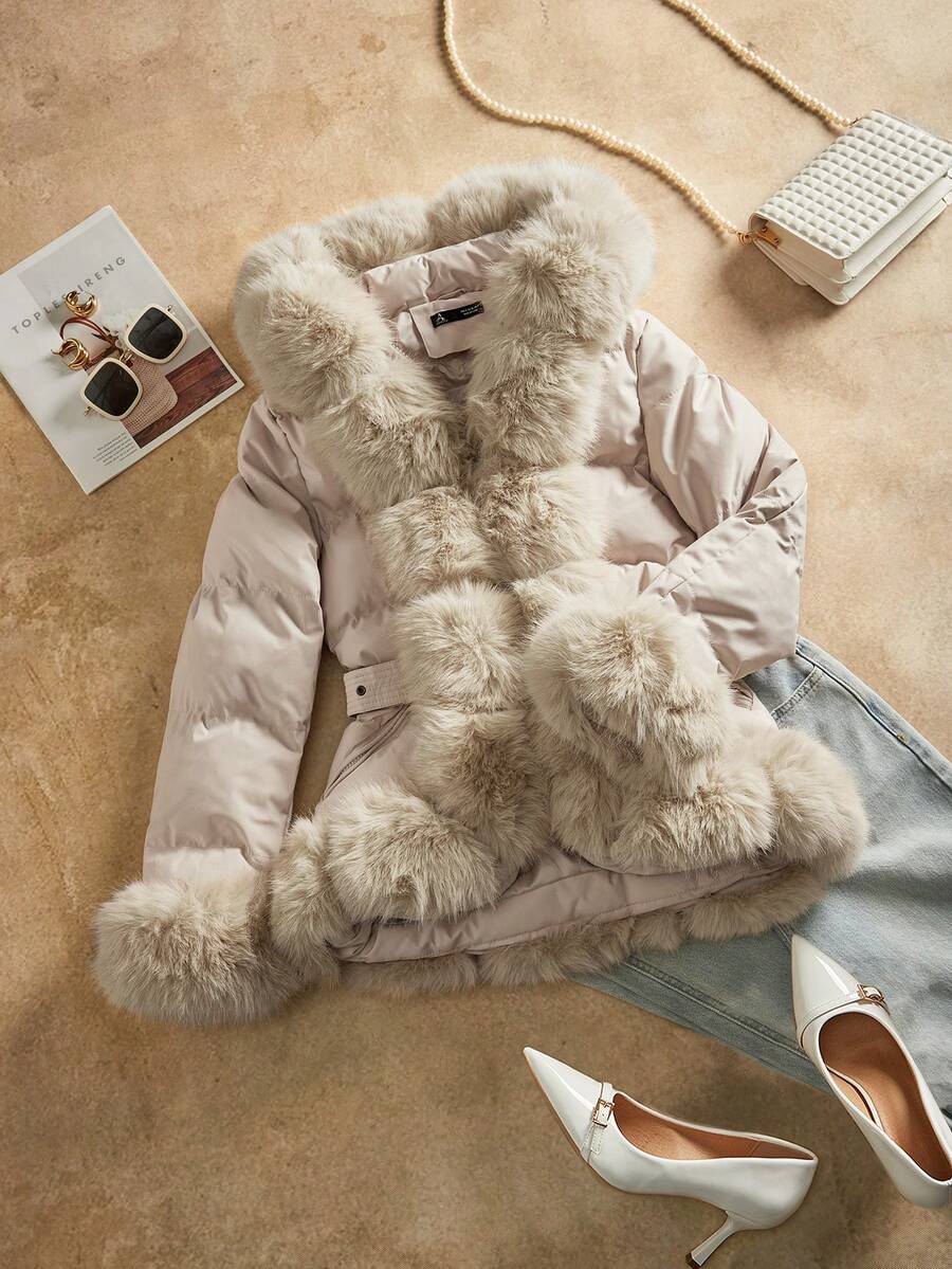 Anewsta 厚实中长款蓬松毛领绗缝女式夹克