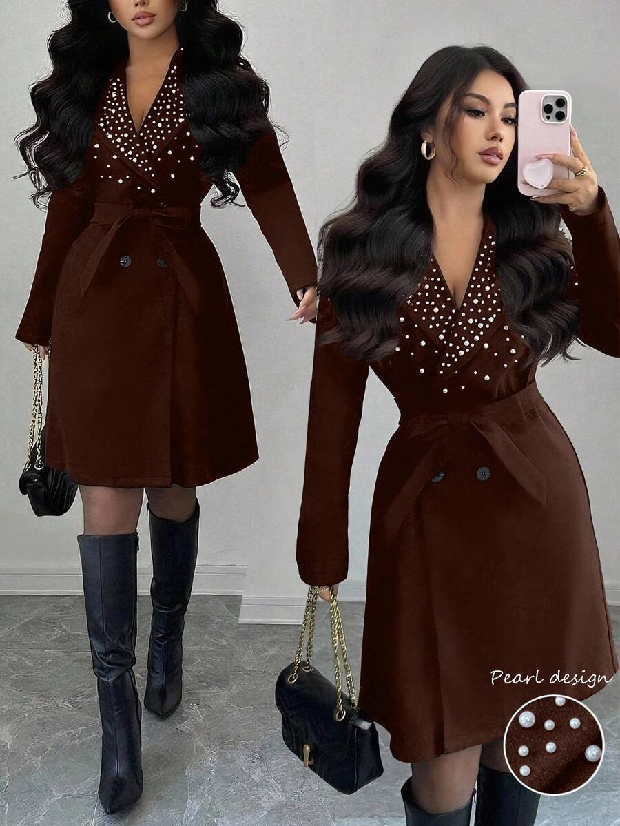 Elenzga Manteau pour femmes avec décoration de perles, croisé, design cintré à la taille, élégant pour le quotidien, les trajets, le style casual, la mode, le style de rue français, le vintage, les fêtes, les affaires, noir, manches longues, automne/hiver - Tabac - Voir 1