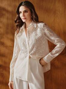 Anewsta French Luxurious Beaded & Sequin Embroidered Collar Long Sleeve Blouse For Women, Slimming & Versatile - Apricot - View 6