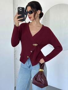 Firerie Women's Elegant Burgundy V-Neck Long Sleeve Cardigan,Autumn Office Refined Minimalist Casual Fashion Metal Button Daily Commute Christmas Knitwear - Red Violet - View 4